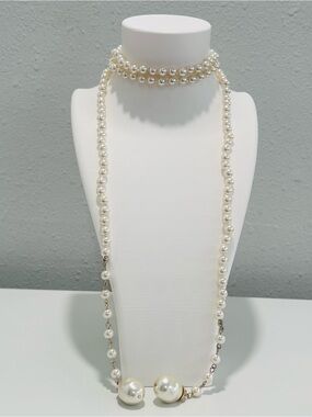 Long Faux Pearl Self Tie Lariat Necklace Faux Crystals Faux Baroque Pearls 44"